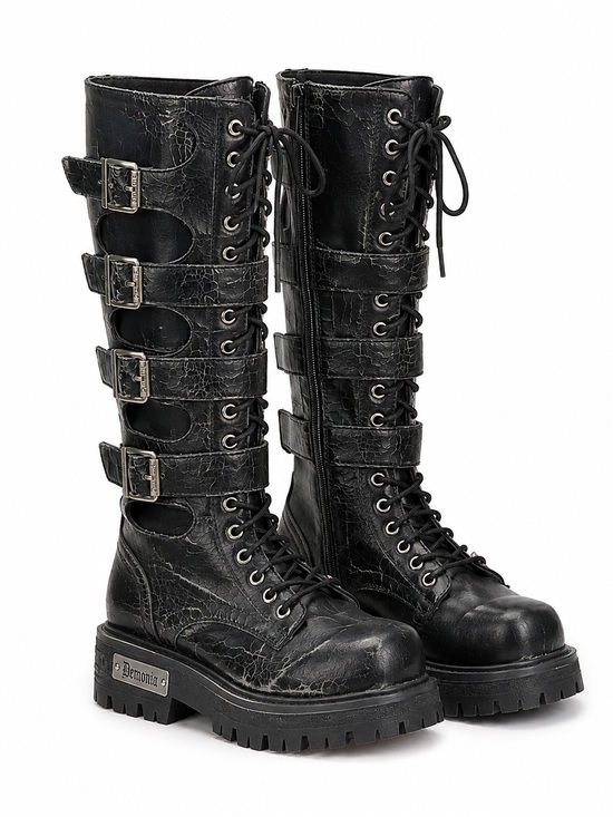 Demonia Shoes - Demonia Knee High Combat Boots Black Lace Up Buckle Goth Punk Alt Women’s 8